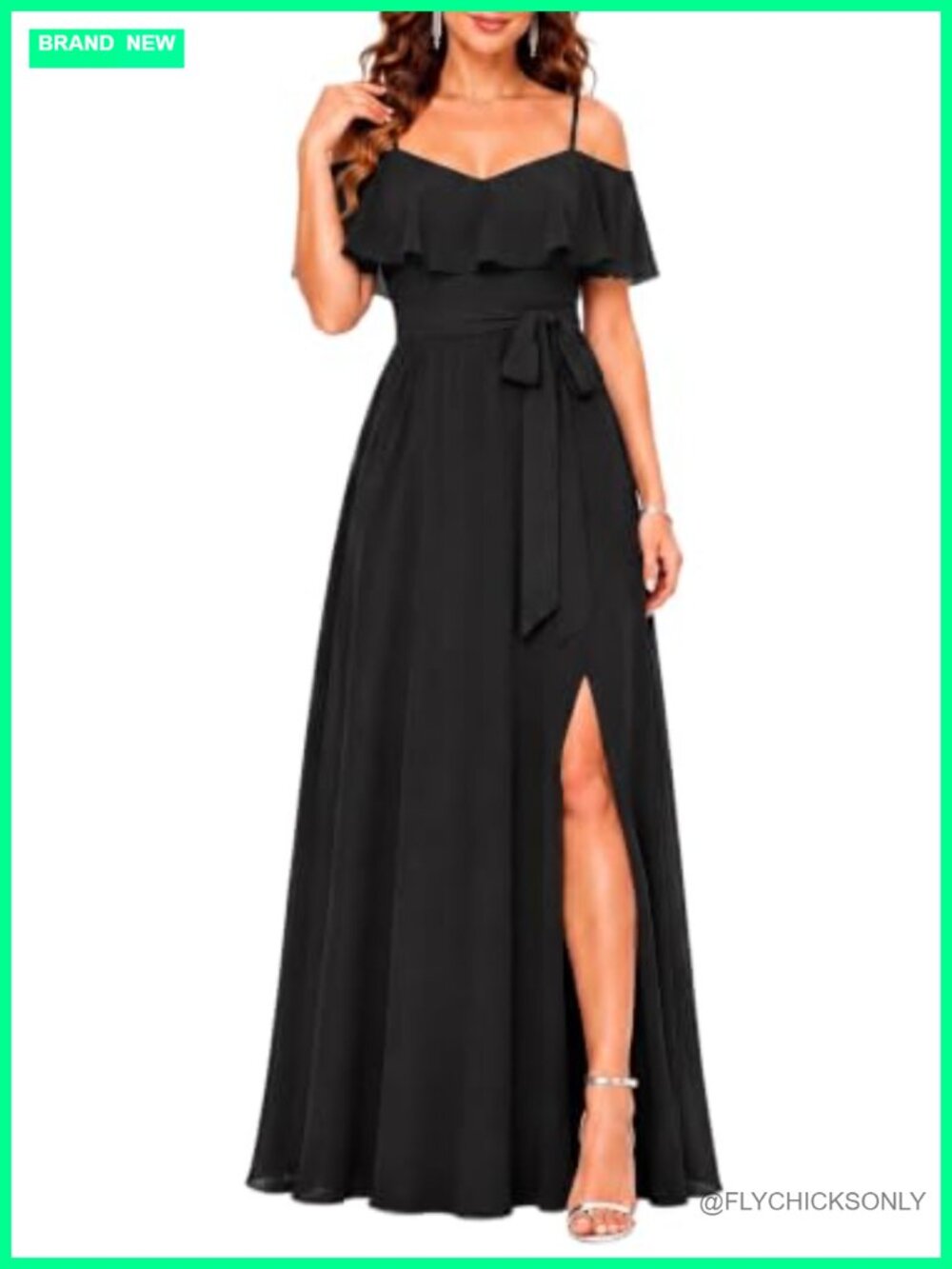 Off Shoulder Chiffon A-Line Maxi Dress Side Slit Formal